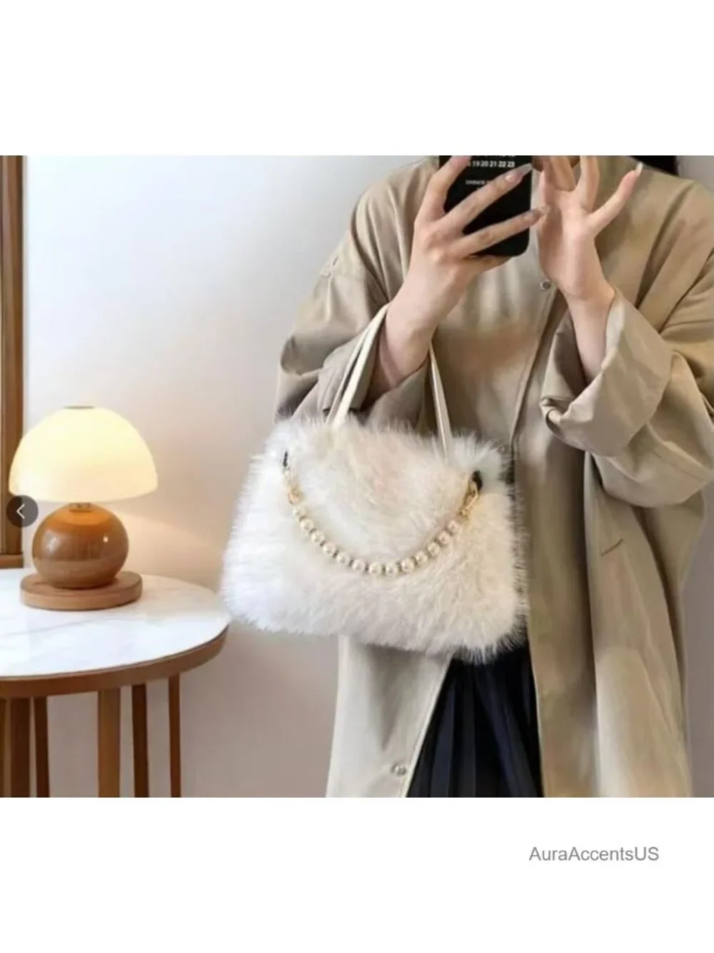 Fluffy Ostrich Feather Evening Bag with Pearl Chain Clutch Purse